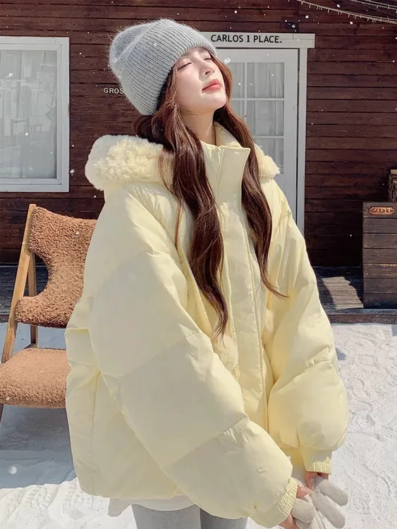 奶黄色棉袄女2025冬季新款小个子甜美棉服面包服保暖短款连帽外套