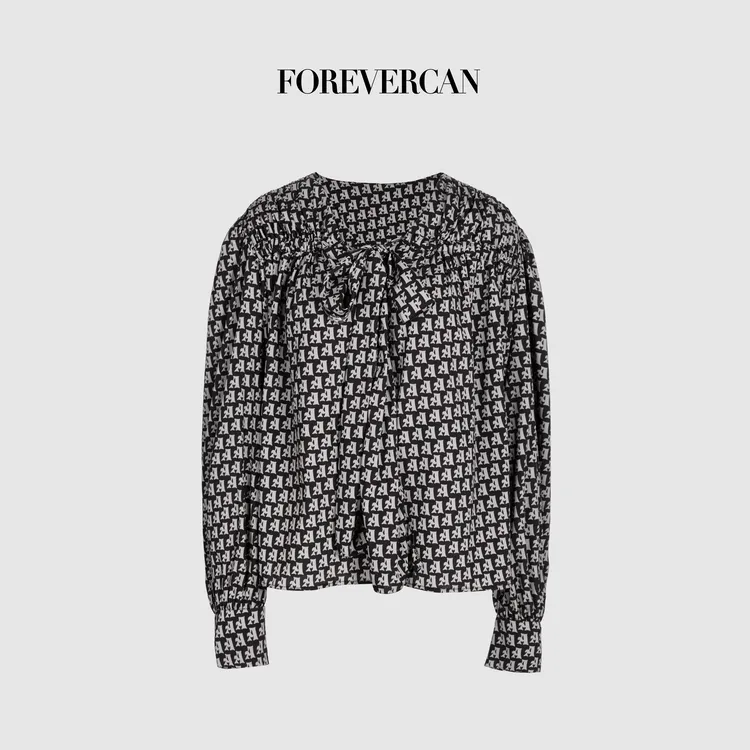 FOREVERCAN“定格深邃”高级感满印字母长袖百搭系带衬衫ST23459B