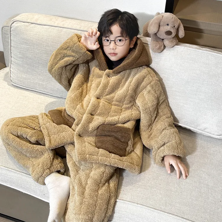 男童秋冬款法兰绒睡衣套装2025新款冬季加绒儿童连帽珊瑚绒家居服