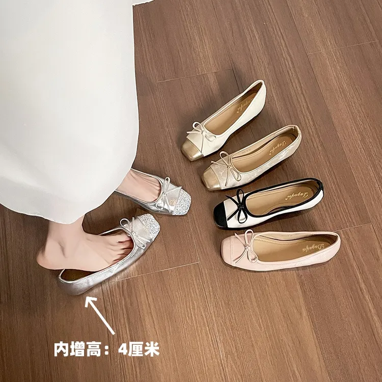 早秋新款法式方头内增高浅口单鞋时尚百搭软底蝴蝶结芭蕾女鞋