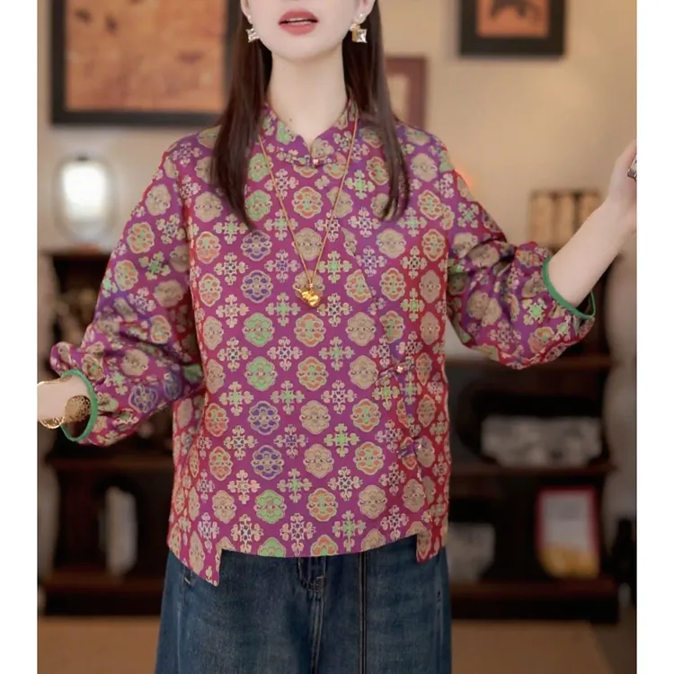 2025秋季新款别致减龄百搭气质上衣新中式国风时尚洋气设计感印花