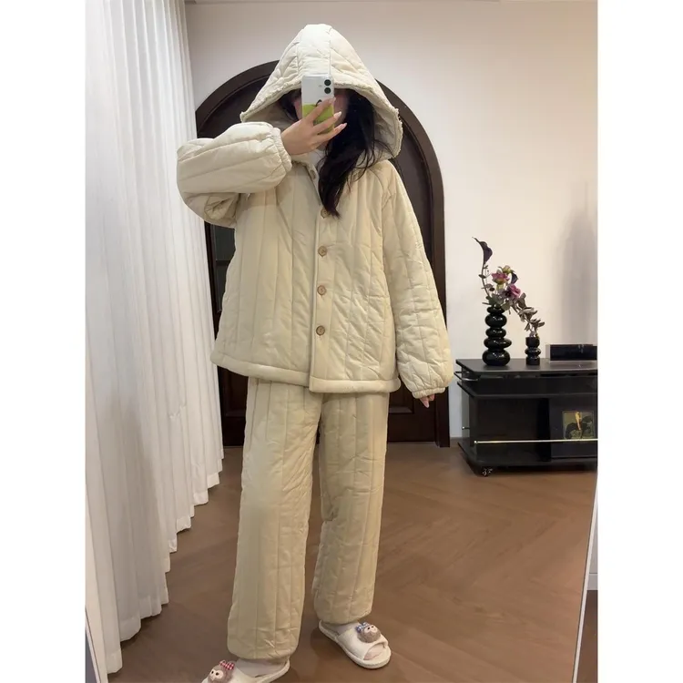 韩版高级感穿搭连帽夹棉睡衣女秋冬季新款加厚棉服保暖家居服套装