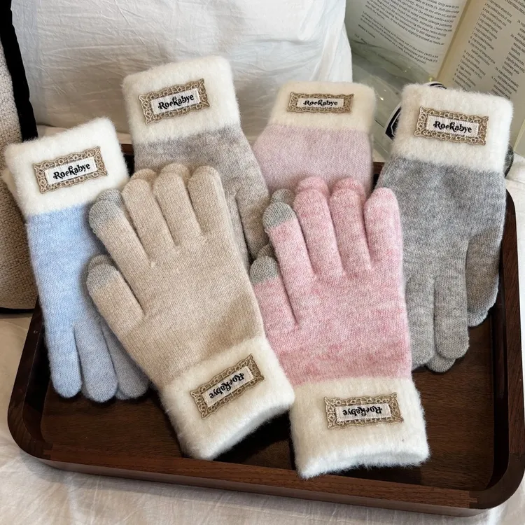 ins纯色针织手套女秋冬季保暖五指分指防寒可触屏骑行电动车防冻