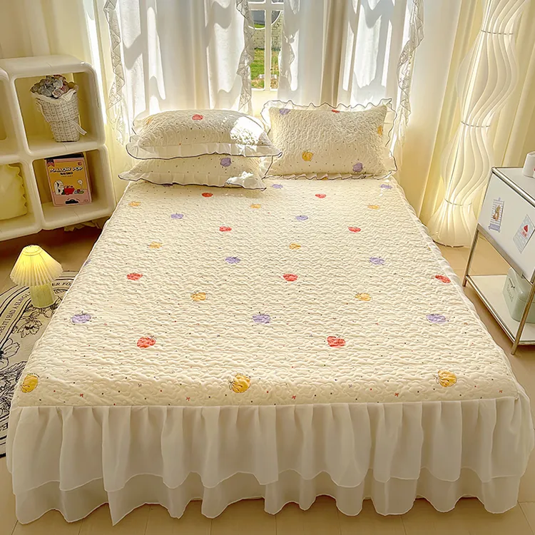 公主风印花夹棉床裙双层雪纺花边加厚床罩四季防滑双人床盖款床单