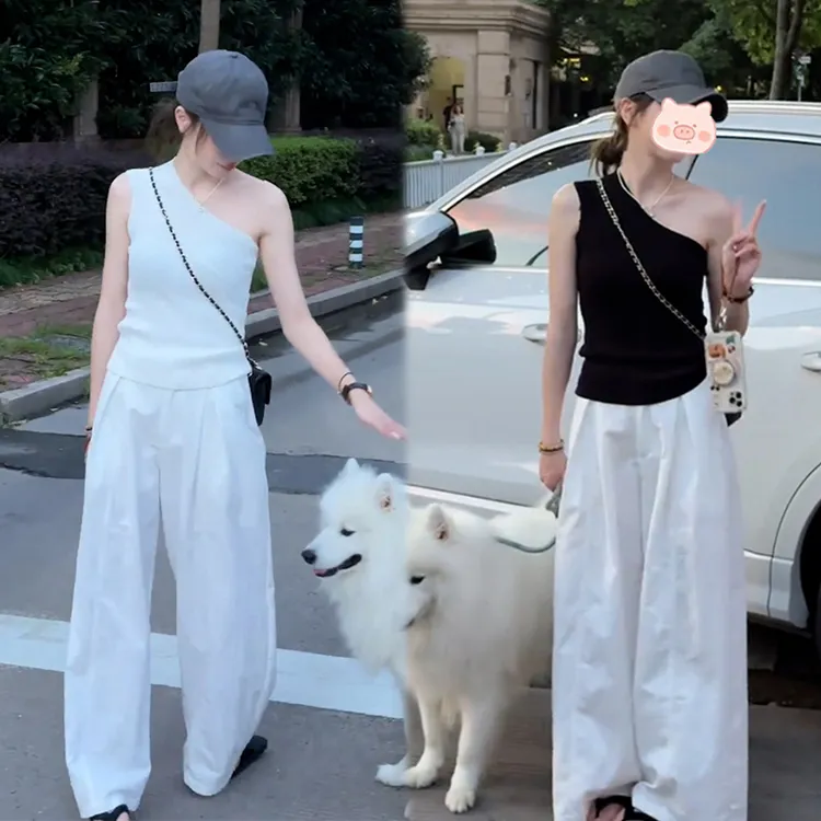 夏季韩系新款穿搭一整套斜肩设计上衣搭配宽松高腰显瘦阔腿裤套装