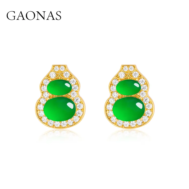 GAONAS 铜合金合成锆石耳饰 新中式时尚葫芦金色耳钉11559EG