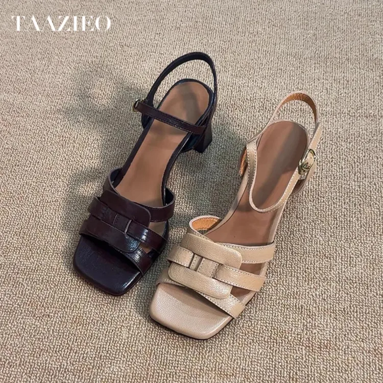 TAAZIEO夏季露趾方头粗跟一字带凉鞋女真皮外穿不累脚高跟气质