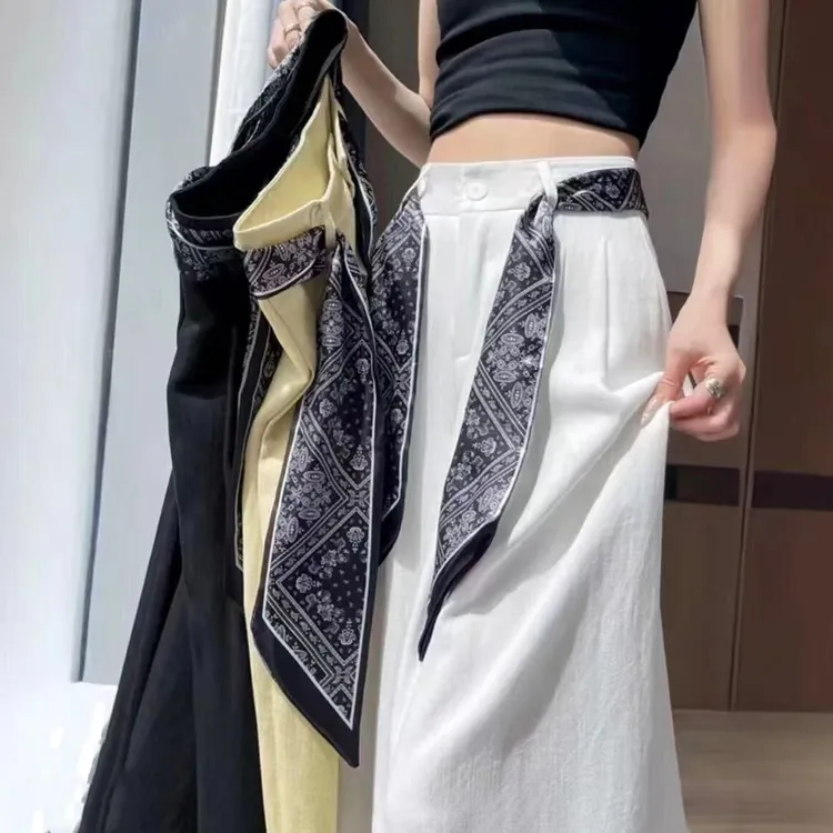 【现货+运费险+丝巾】系带棉麻冰丝裤子女夏季薄款2025新款
