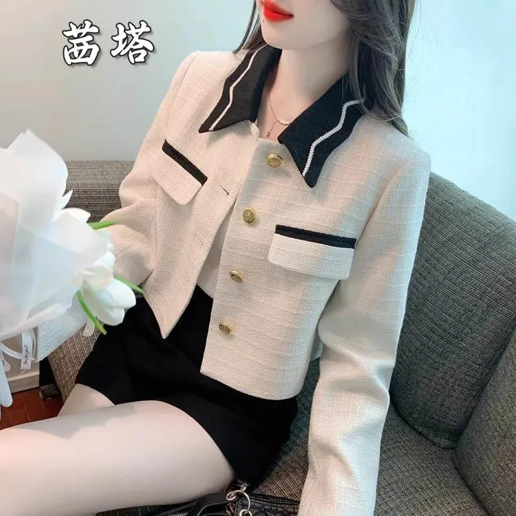 高级感2025春季新款小香风撞色翻领长袖短款上衣女装小众百搭外套