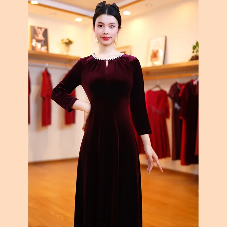 金丝绒礼服喜妈妈装高贵气质婆婆旗袍裙结婚敬酒服大码秋冬款