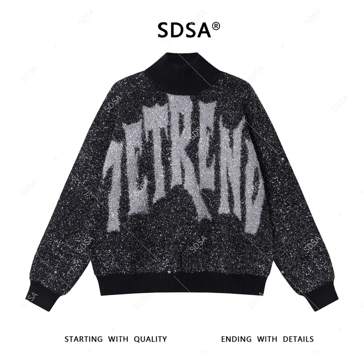 SDSA秋冬新款男士痞帅美式半高领字母亮闪闪毛衣撞色针织上衣百搭