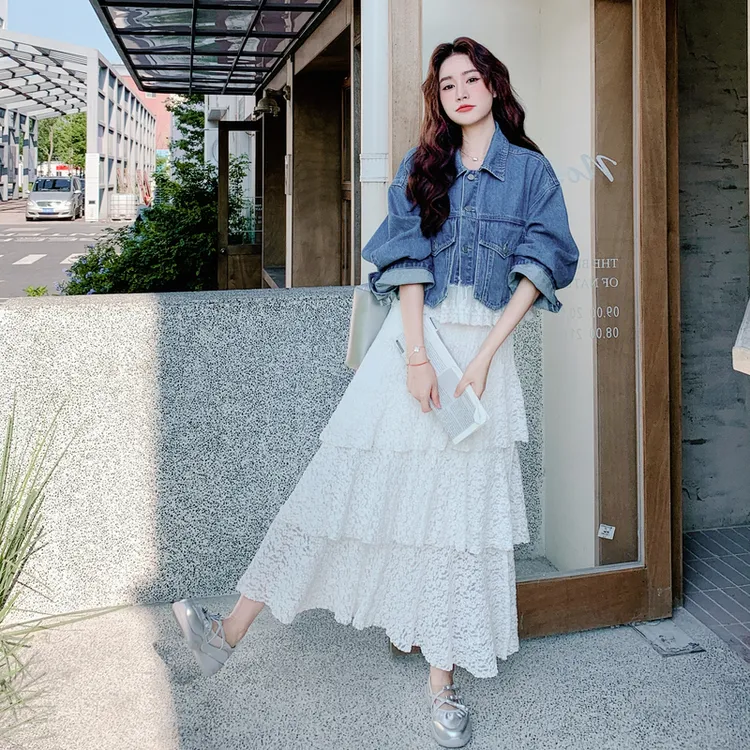 小个子初恋小白裙套装裙女2025秋季新款牛仔外套吊带连衣裙两件套