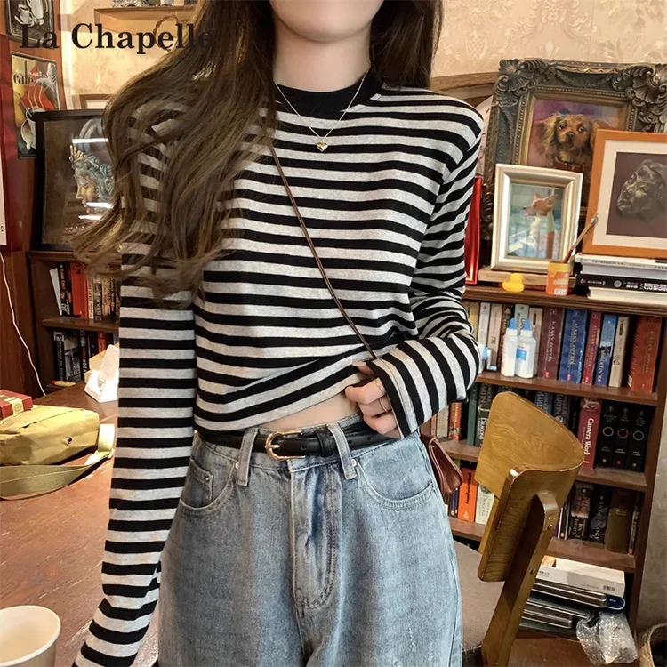 拉夏贝尔短款条纹长袖t恤女2025新款春秋圆领上衣显瘦内搭打底衫