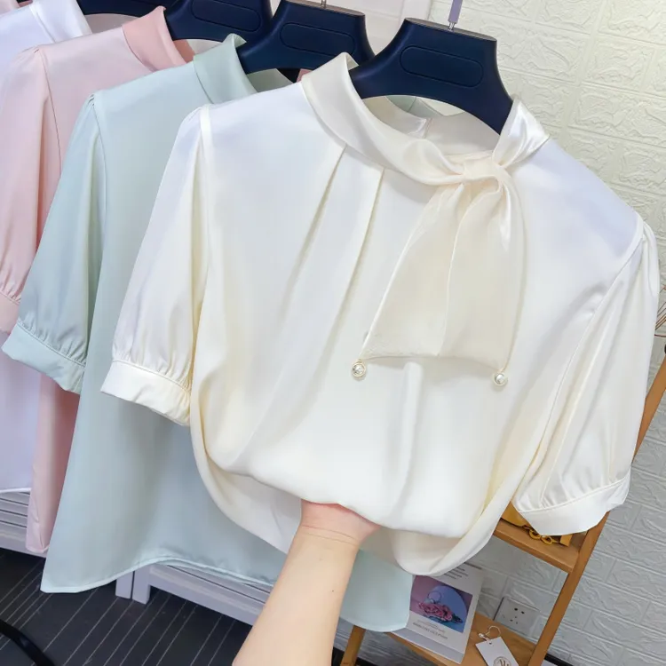 欧根纱小领结短袖雪纺衫女夏季新款气质宽松垂感醋酸缎面衬衫上衣