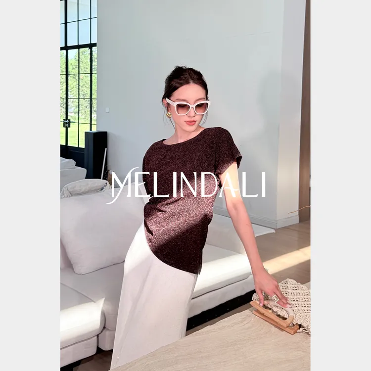 Melinda Li【金箔系】泷定大阪金丝咖镀膜弹力抽绳蝙蝠袖针织T上衣
