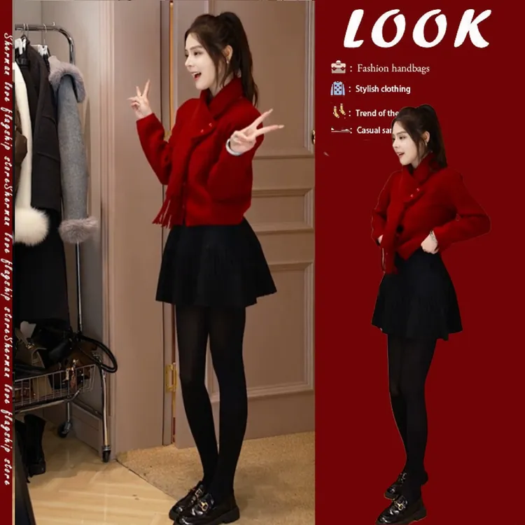 【现货】入秋套装2025新款韩版慵懒风红色针织开衫时尚百褶裙两件套