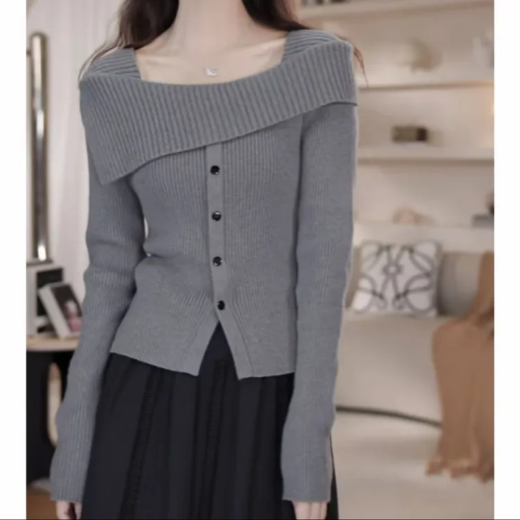 2025 秋冬一字肩设计感休闲针织新款法式温柔气质时尚显瘦4045