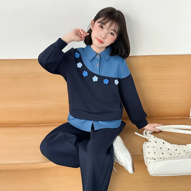 女童套装2025秋季新款儿童撞色设计感套装女孩假两件卫衣直筒裤潮