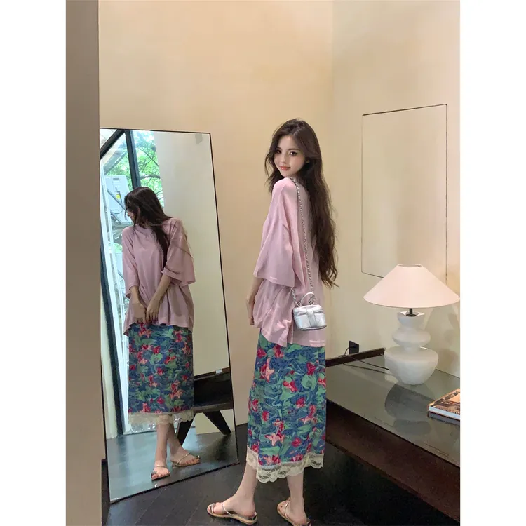 简约宽松时尚百搭慵懒风T恤套装女时尚印花蕾丝边半身裙子两件套