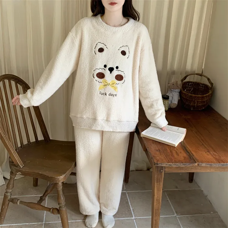 2025年冬季新款半边绒睡衣女款学生甜美可爱领结小狗套装可外穿