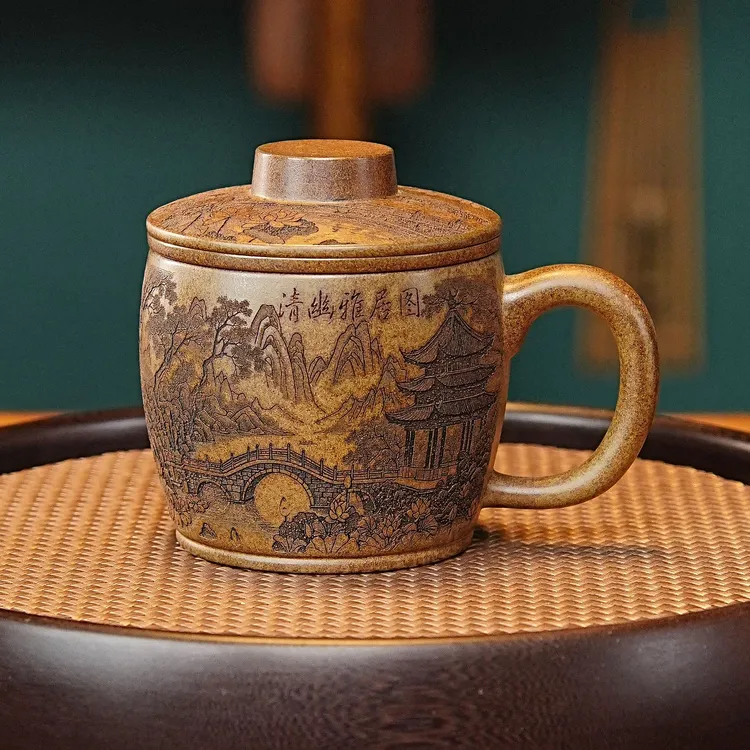 宜兴紫砂茶具 原矿龙背青泥料刻绘清幽雅居图紫砂盖杯