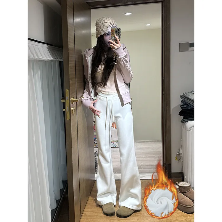 高个子加长白色休闲微喇裤女款爆款2025新款加绒修身显瘦休闲裤子