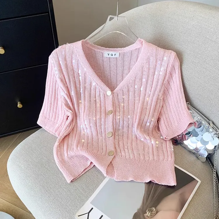 高级感法式粉色亮片短袖针织开衫女夏季小香风宽松百搭短款T恤ins