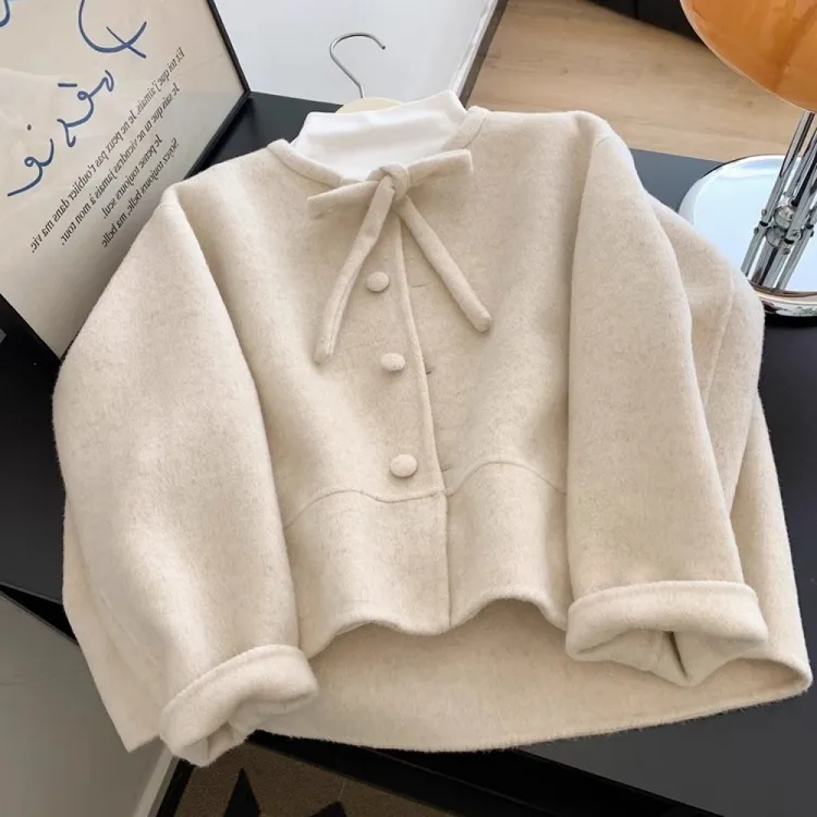 法式复古温柔风蝴蝶结毛呢短款外套女2025秋冬设计感减龄气质呢子