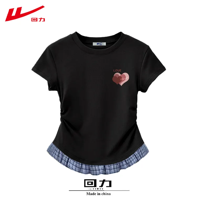 回力夏装棉短袖T恤女格子拼接印花别致夏季修身短款辣妹多巴胺