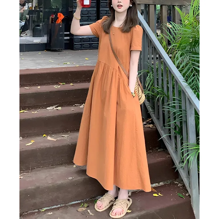 法式气质漂亮独特短袖连衣裙女2025新款夏季宽松显瘦大方得体长裙