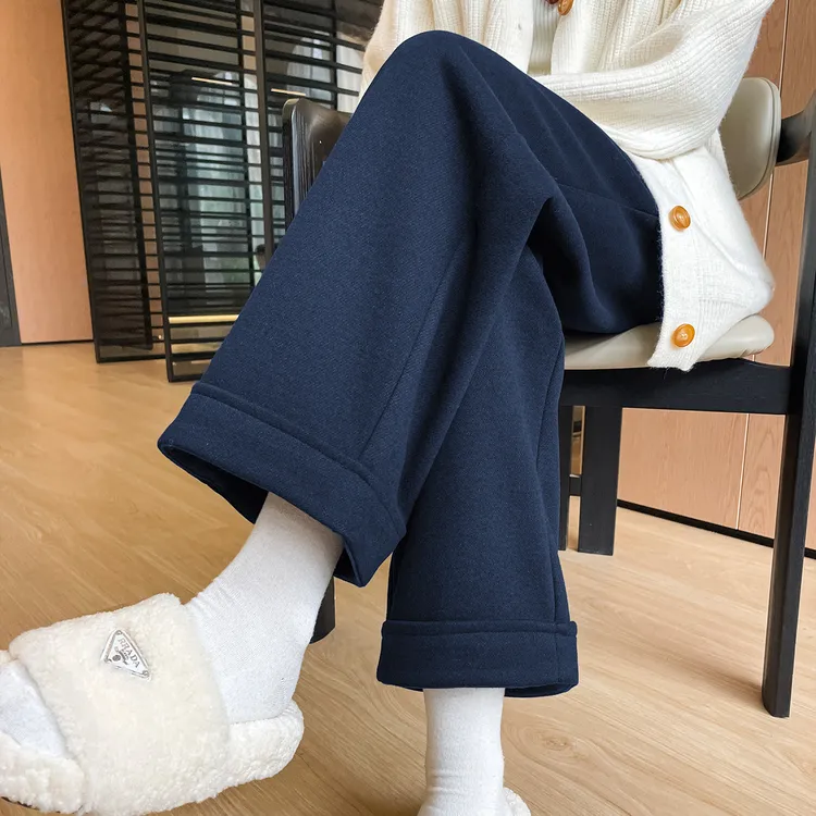 绵羊毛卷边直筒毛呢裤女秋冬季2025新款高腰显瘦小个子加厚阔腿裤
