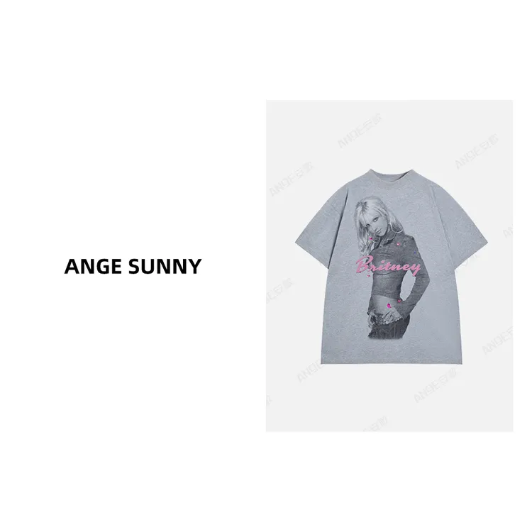 ANGE SUNNY【巴黎布兰妮印花T恤】宽松烫钻短袖圆领休闲时尚上衣