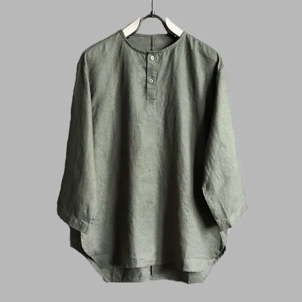 2025夏季休闲亚麻男装 简约圆领七分袖麻T恤 宽松透气上衣C009