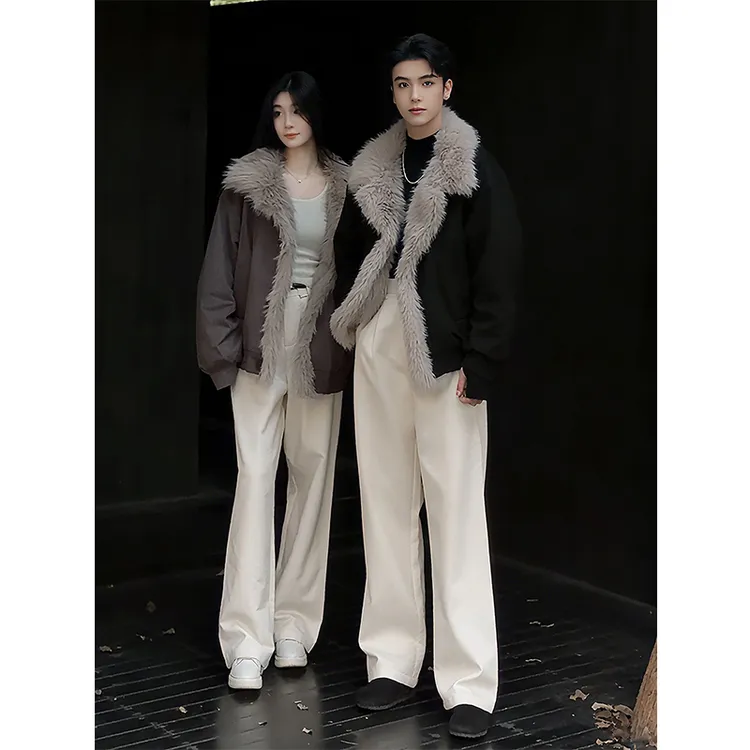 仿麂皮绒毛领座山雕男冬季cleanfit美式复古加绒加厚保暖棉衣外套