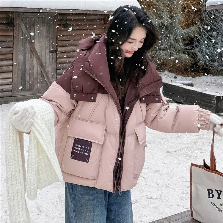 【高品质】棉服女2025冬季新款拼接短款棉衣韩版宽松连帽棉袄外套潮