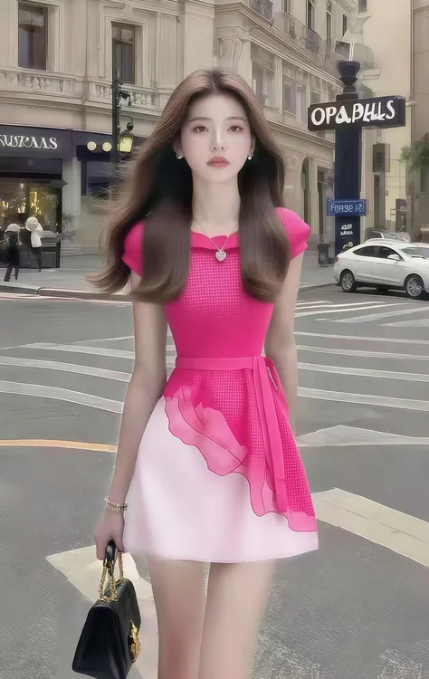 温柔纯欲千金风玫红色圆领短袖修身收腰设计感连衣裙气质显瘦女装