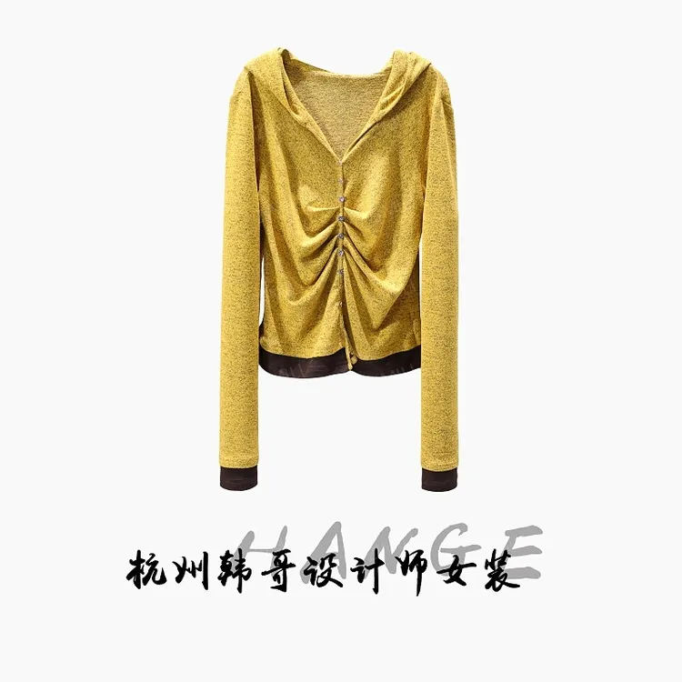 【韩哥女装】2025新品慵懒随性风姜黄色抽褶高弹打底上衣9887-A1