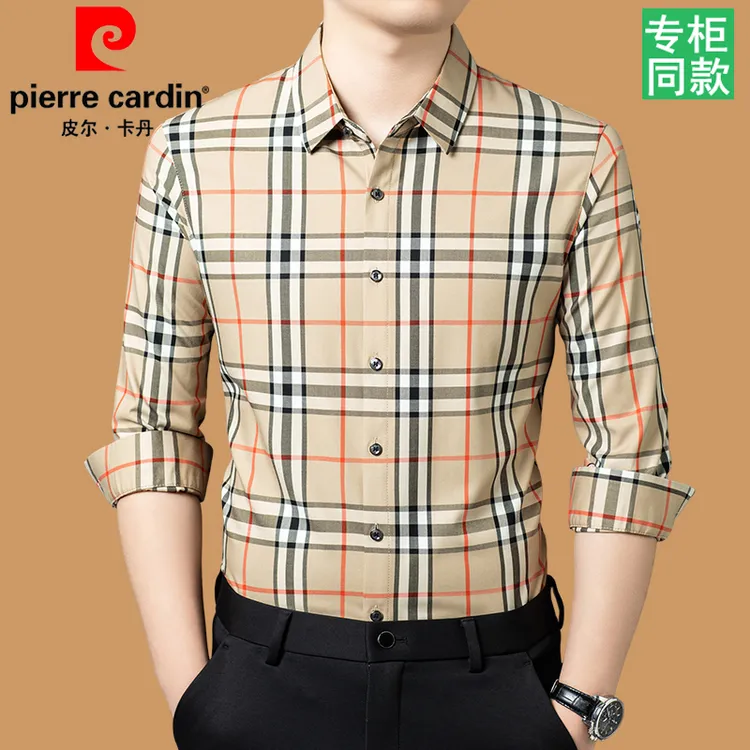 皮尔卡丹春秋季格子正品长袖衬衫男士新款中年高档休闲免烫衬衣男