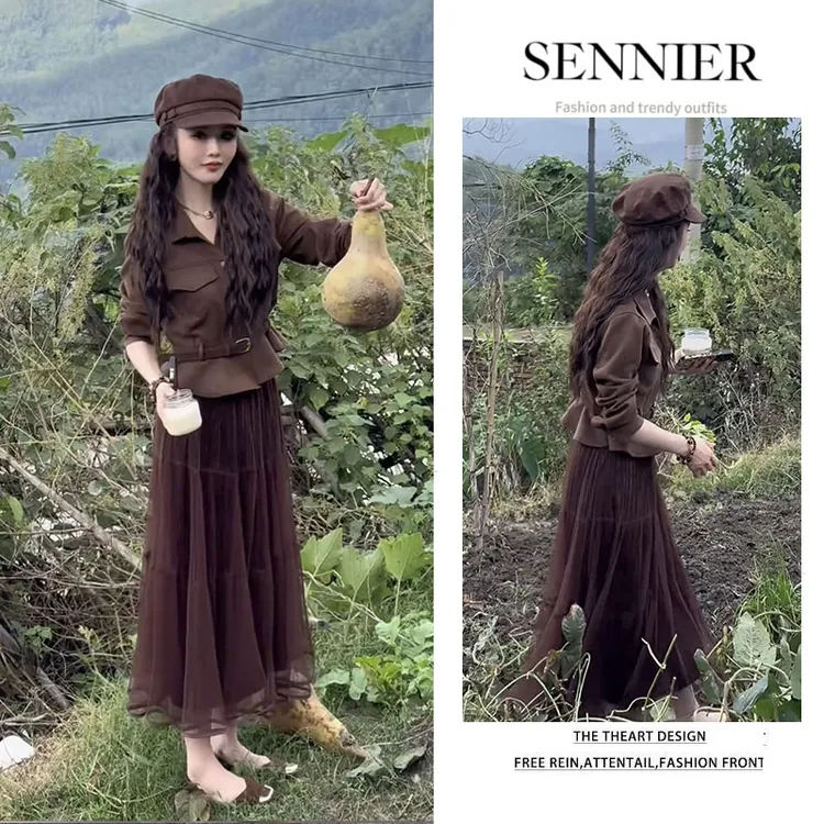 秋季穿搭新款套装女2025复古设计感腰带外套简约半身裙两件套