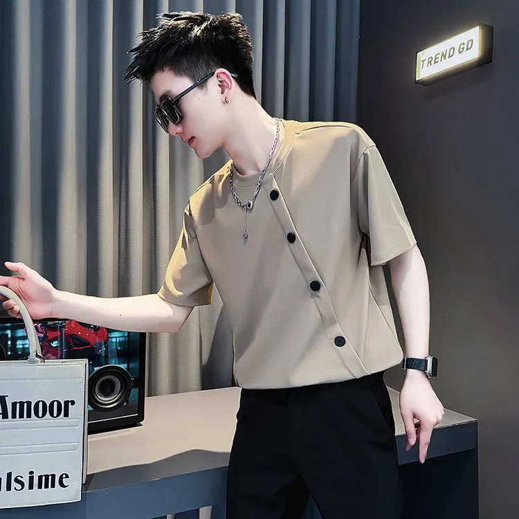 高级设计感排扣短袖t恤男夏季2025新款圆领半袖上衣ins潮牌体恤衫