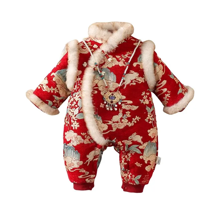 红色喜庆衣服婴儿冬季加绒夹棉连体衣新生儿拜年服