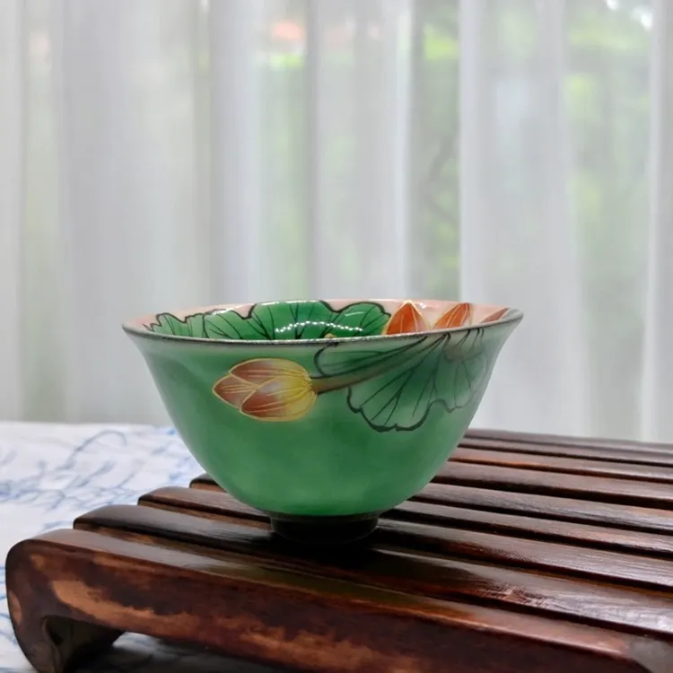 日本陶葊窑手作手绘外绿内粉地莲花茶杯茶盏