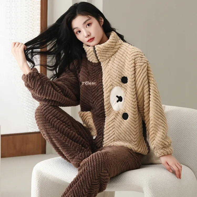 秋冬款法兰绒拉链睡衣女款加厚绒卡通开衫家居服女士冬季保暖套装