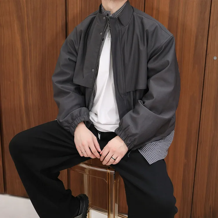 Extfine冬季90白鸭绒立领格子假两件羽绒服男夹克外套设计感宽松