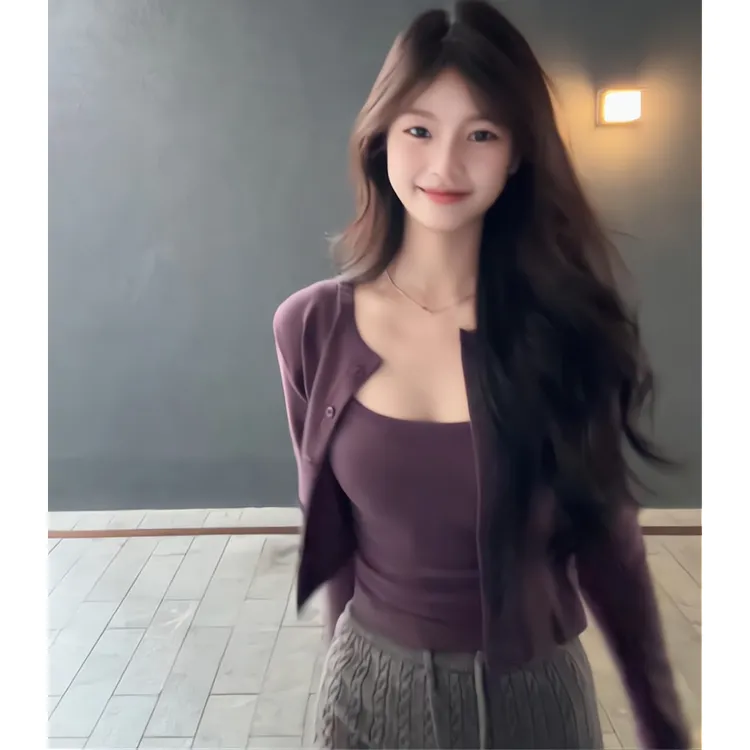 韩系紫色温柔短款吊带背心套装女春季修身显瘦内搭辣妹针织开衫