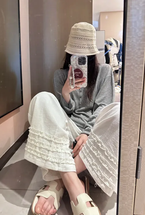 孕妇阔腿裤夏季薄款外穿花边麻料抽绳白色休闲直筒九分裤子设计感