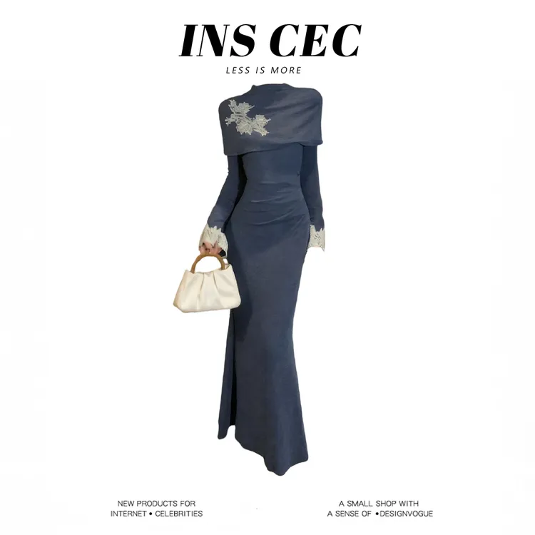 INS CEC新中式老钱风半高领蕾丝刺绣连衣裙女2025秋季斗篷长裙子