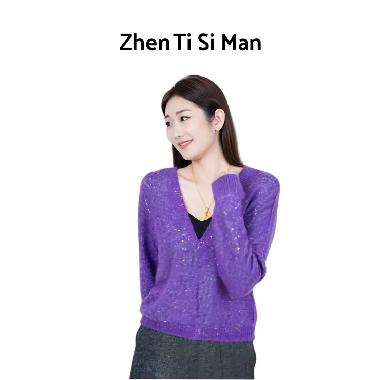 ZHENTISIMAN意大利水晶纱桑蚕丝马海毛重工珠片针织开衫CA5011