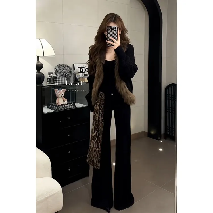 INS CEC秋冬新款蝙蝠袖毛领针织外套女高腰显瘦喇叭裤女套装