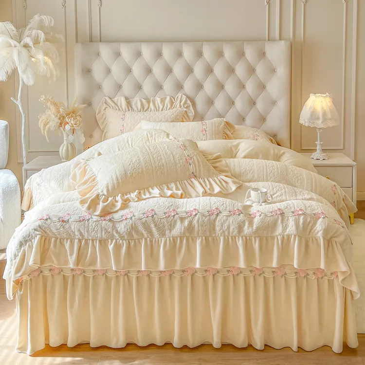 冬季高克重牛奶绒床盖四件套珊瑚绒加厚保暖被套花边法式床上套件